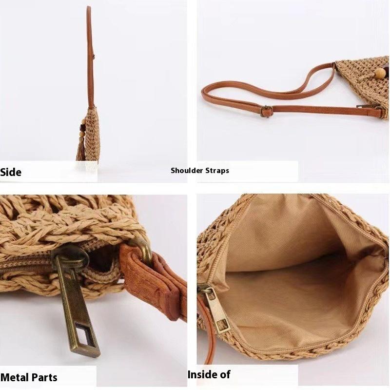 Women Beach Shoulder Purse All-Match Handbag Small Straw Crossbody Bag With Tassel Weave Clutch Bag Solid Color Bag