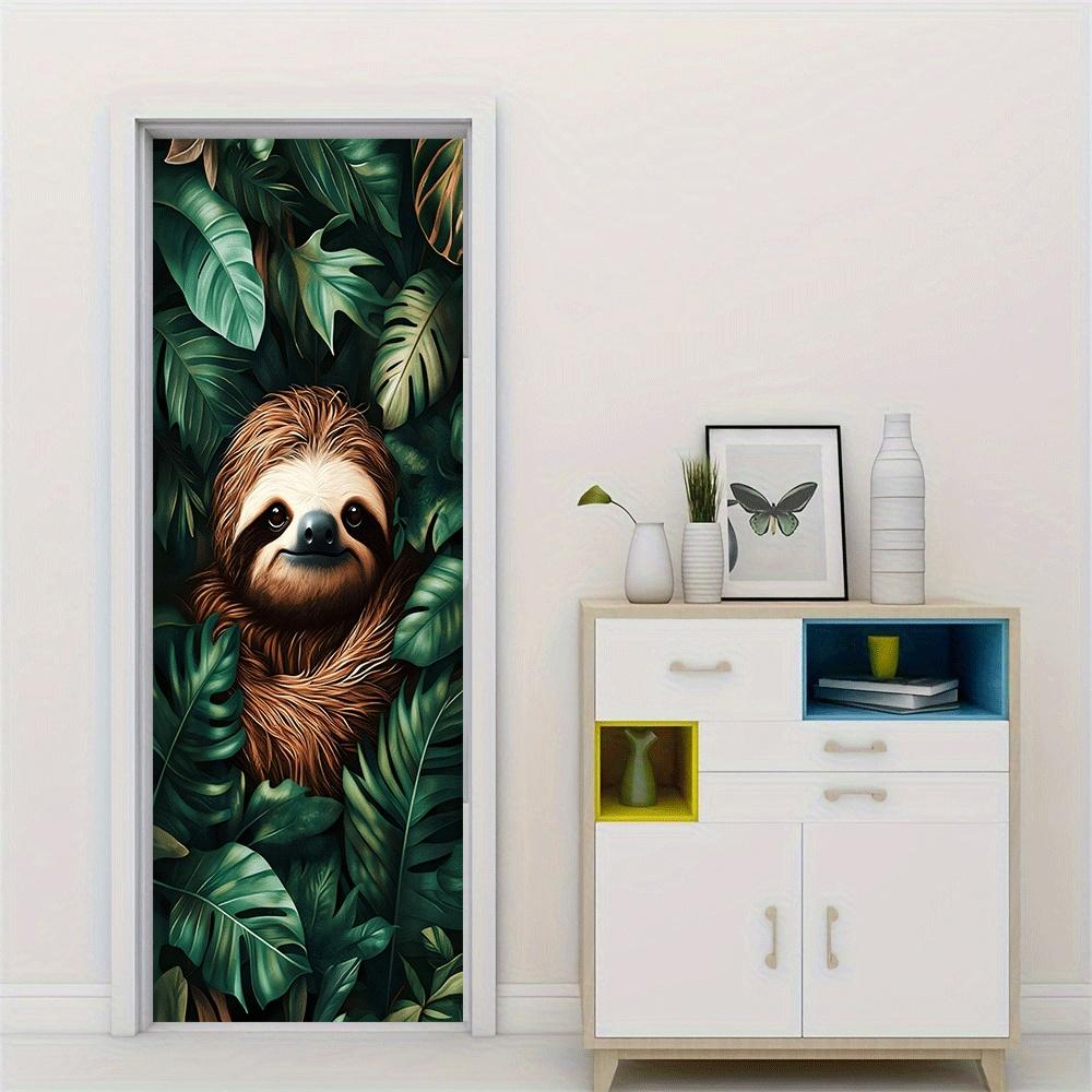 2pcs Cute Sloth and Tropical Green Plant Wall Stickers Bedroom Living Room Entrance Wall Decoration Stickers Home Decoration Chi