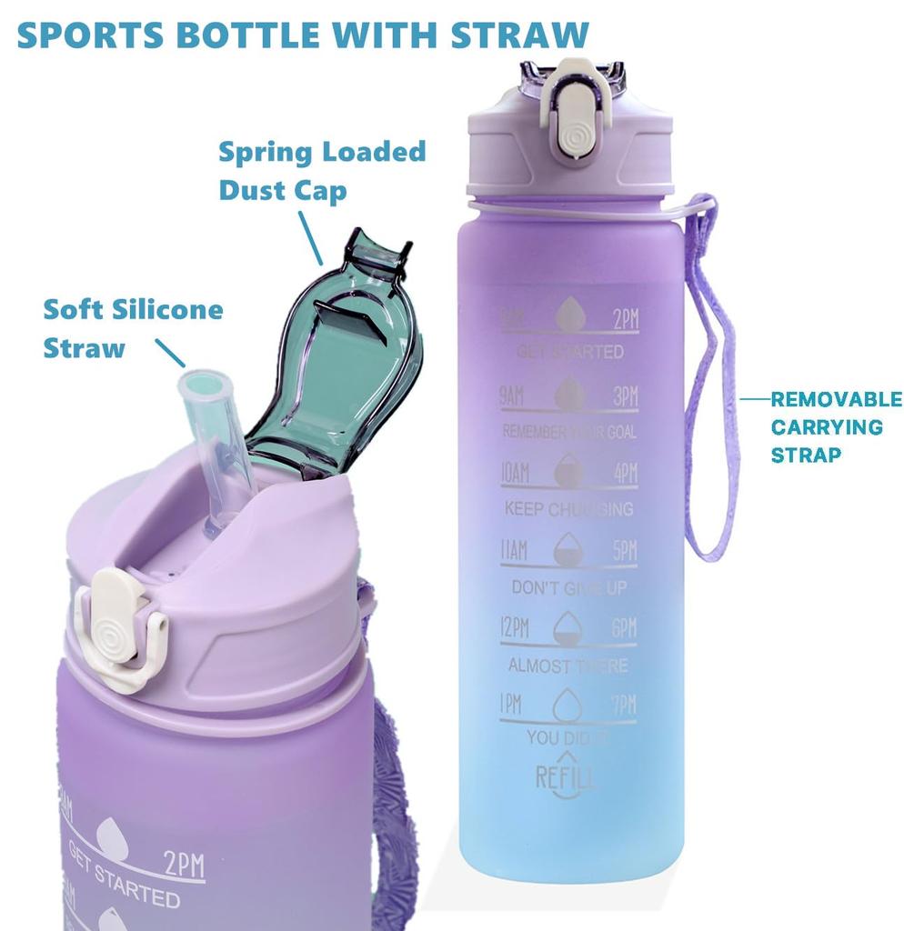 24 Oz Water Bottle with Times To Drink and Straw, Motivational Drinking Water Bottles with Carrying Strap, Leakproof BPA & Toxic