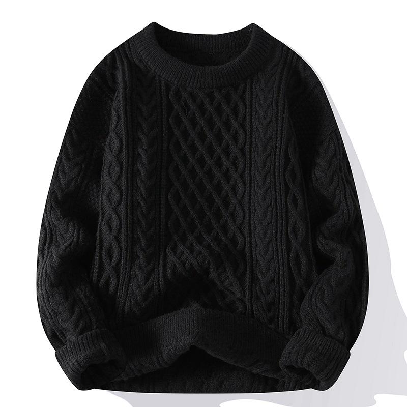 Men's Solid Color Cable Knit Sweater - Casual Mature Style, Round Neck Pullover, Autumn/Winter Collection