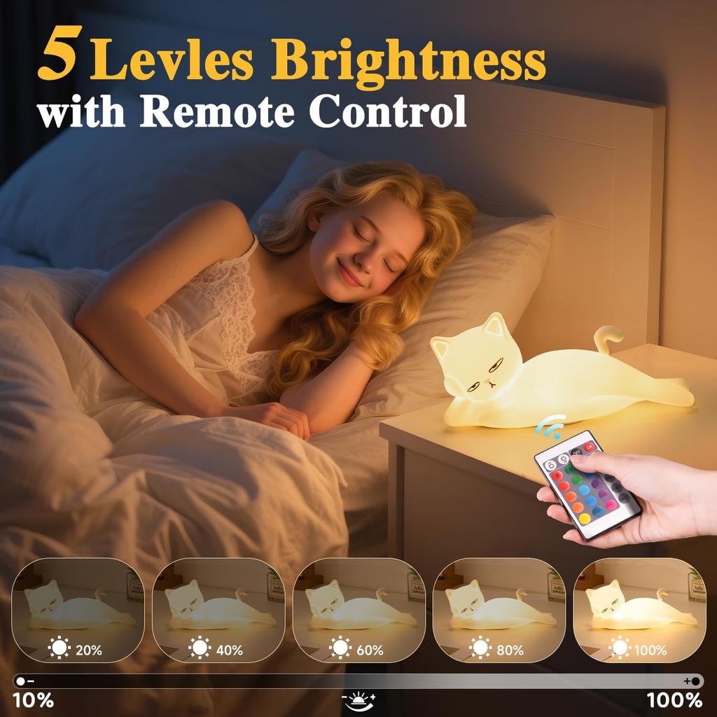 Flach liegende Katzenlampe Lustige Geschenke, 16 Farben+5 Dimmstufen+Silikon Zufällige Sachen, Touch+Fernbedienung+Wiederaufladbares Nachtlicht, Einzigartige Coole Lampe, Niedliche Seltsame Sachen,