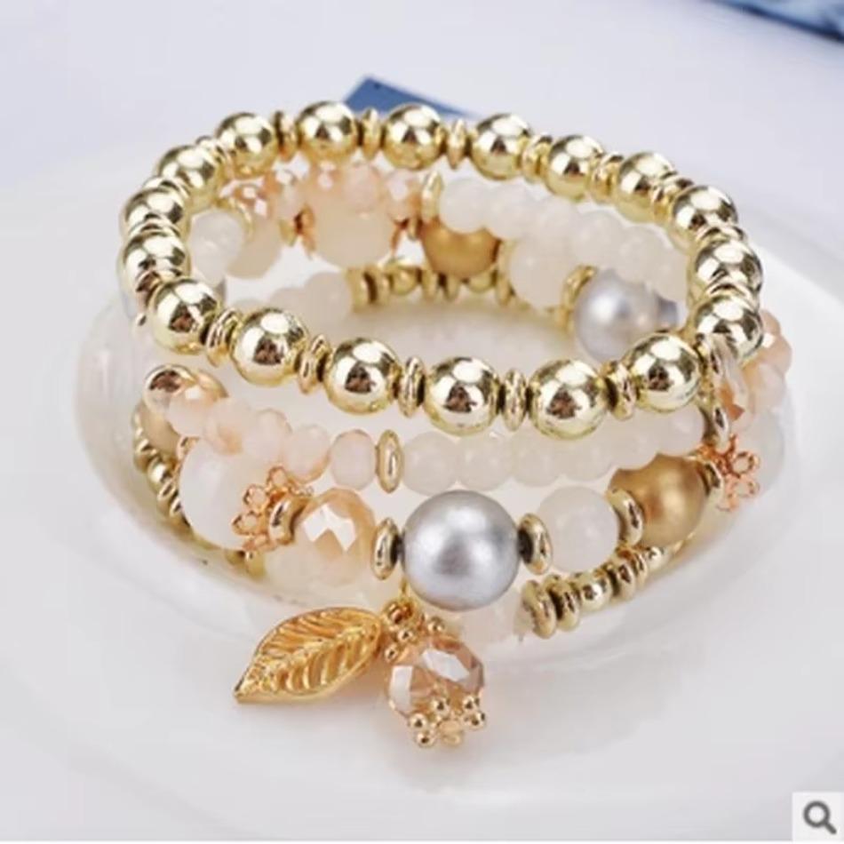 4 Pcs Fashionable and Simple Crystal Bead Pendant with Branches Leaves Versatile Multi-layer Bead Temperament Women's Bracelet