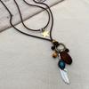 Bohemian Leaf & Turquoise Jewelry Set, Vintage Wood & Metal Necklace, Earrings & Ring for Women