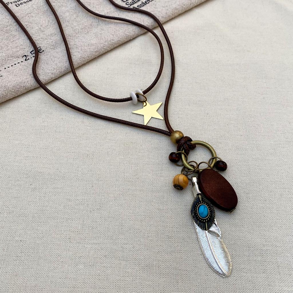 Bohemian Leaf & Turquoise Jewelry Set, Vintage Wood & Metal Necklace, Earrings & Ring for Women