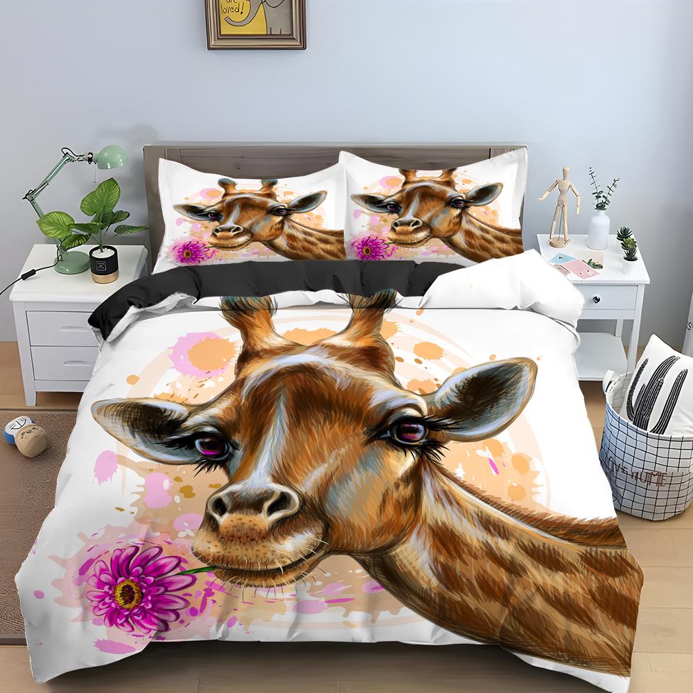Cartoon Giraffe King Queen Duvet Cover Kids Girls Boys Animal Bedding Set Wildlife Quilt Cover 2/3pcs Polyester Comforter Cover