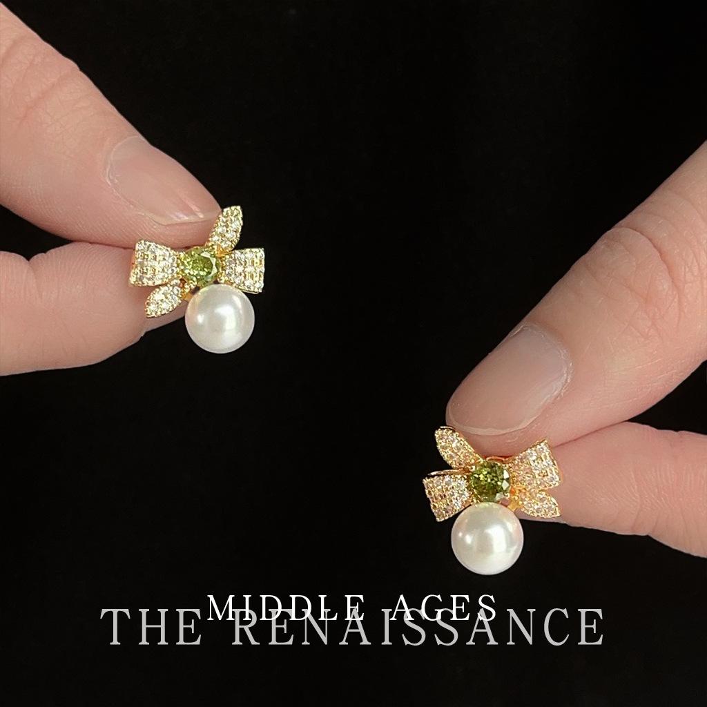 Burst~ Full zircon bow stud earrings French retro pearl earrings earrings