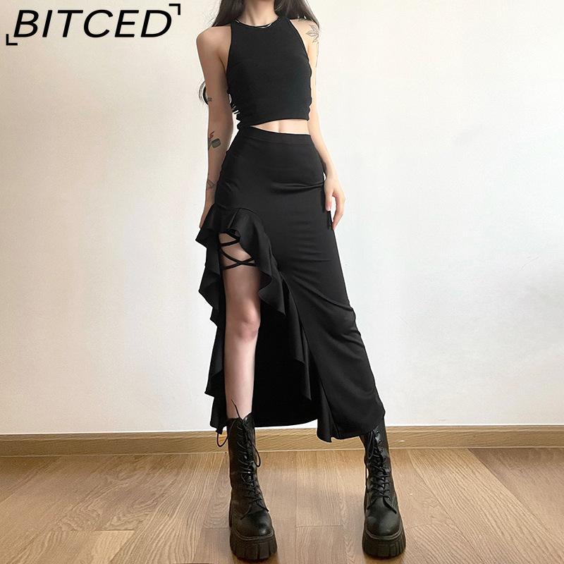 BITCED Summer Women's Solid-Color Slim-Fit Streetwear High-Waisted Bodycon Split Skirt