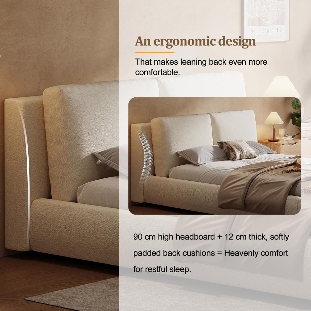 Upholstered Bed, Double Bed, 180*200cm, Hydraulic Functional Bed, Bed with Slat Grate, Headboard & Large Storage Space, Bouclé