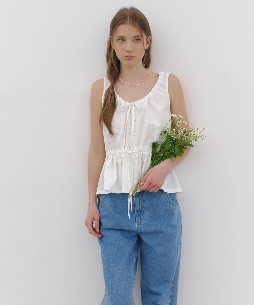 CLUNY Soft Ribbon Shirring Blouse - White