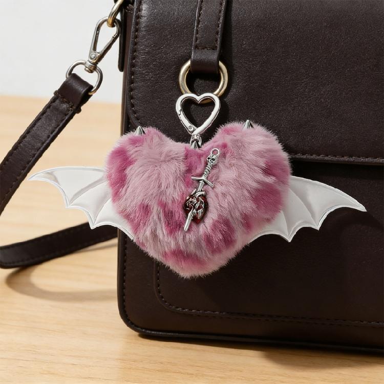 Unique Y2K Themed Fuzzy Keychain With Winged Heart Charm Delicate Keyrings Pendant Accessory For Bags And Keys