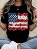 Floral American Flag T-Shirt Women Casual Patriotic Print Top