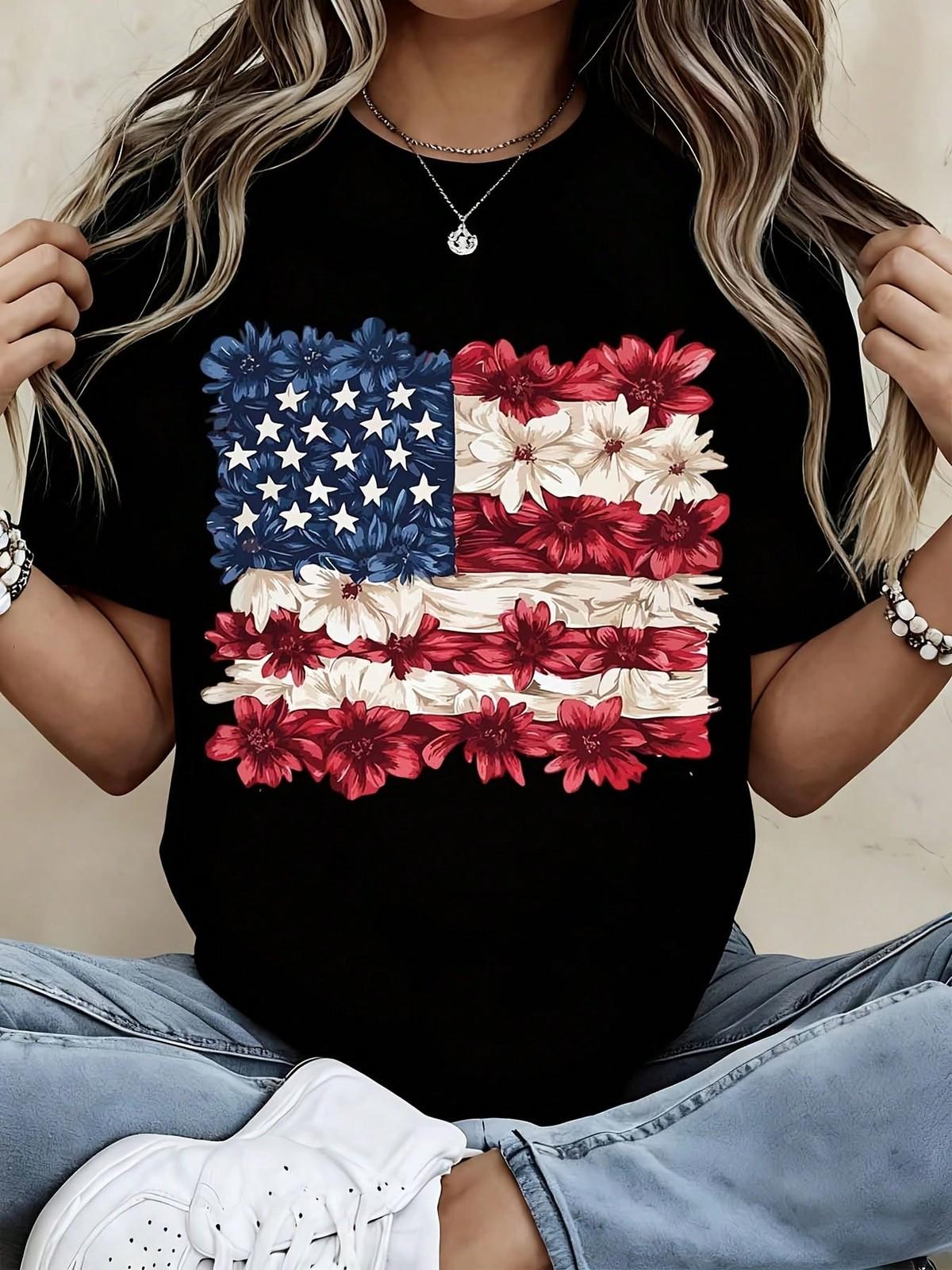 Floral American Flag T-Shirt Women Casual Patriotic Print Top XXXXL