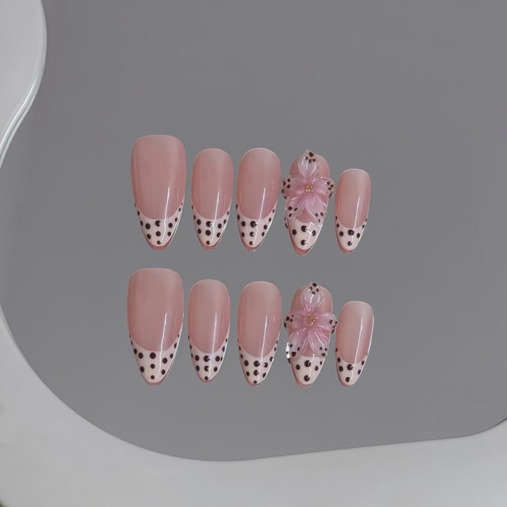 Press On Nails 10 Pieces Sweetheart Polka Dot French Floral Elegant And Durable For Parties And Daily Use
