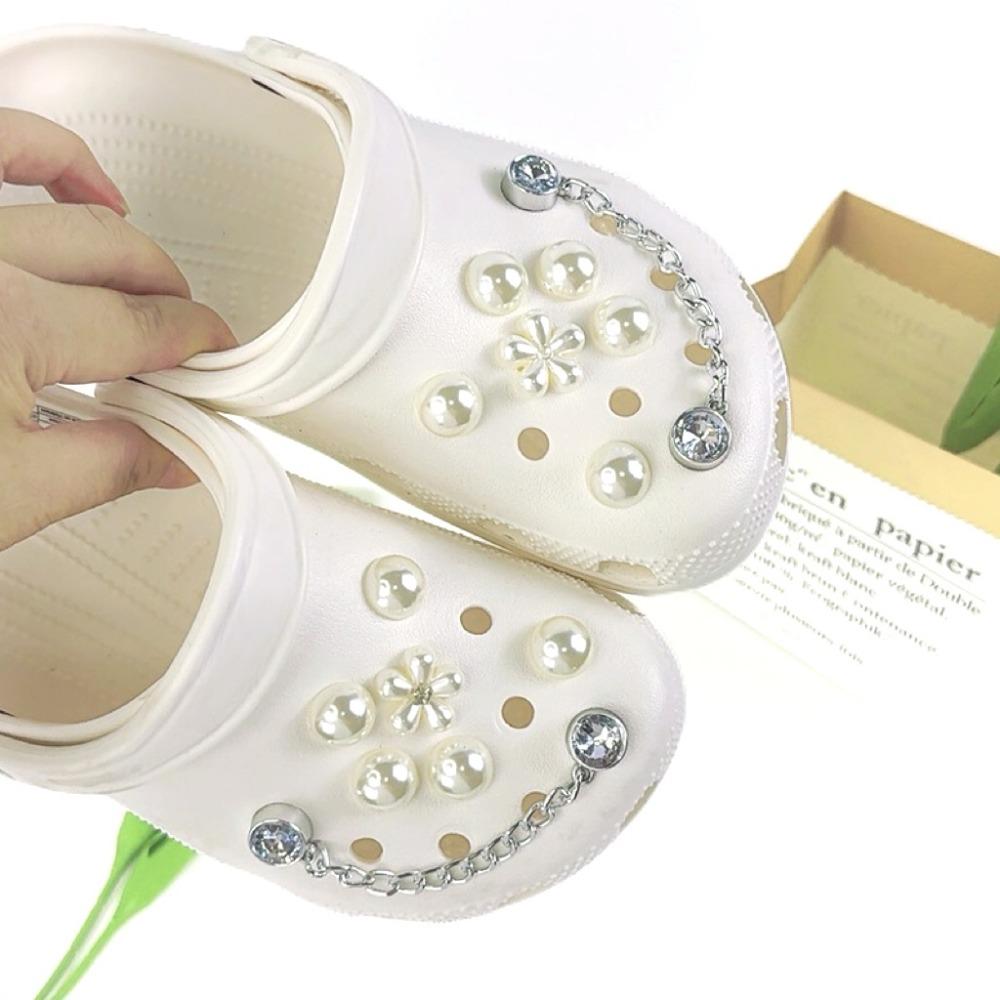 14PCS Fashion Shoe Charms for Clogs Set Accessories Hole Shoe Buckle Summer Pearl Flower Diamond Chain DIY Shoes Decorations