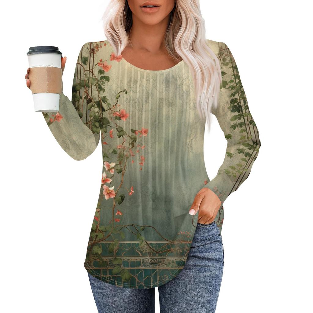 Damers avslappnade och moderiktiga tryckta rundhalsade långärmade plisserade t-shirttop för jul