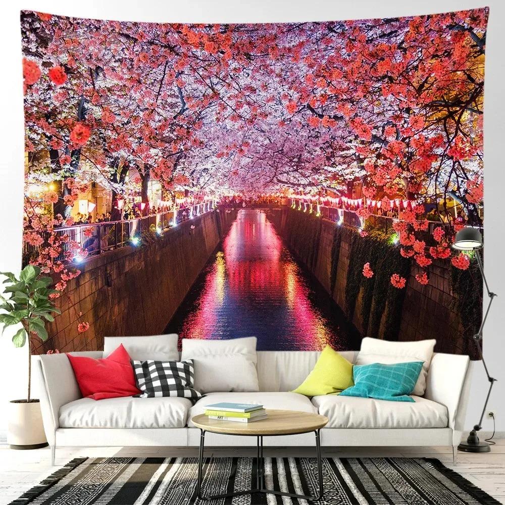 Pink cherry blossom tree forest t tapestry home decoration living room bedroom background hanging cloth