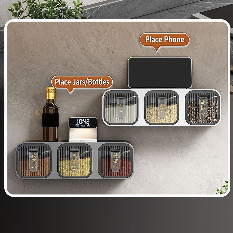 Ensemble Boîte à Épices Intégrée Murale Articles de Cuisine Maison Support Pot à Sel Assaisonnement Anti-Humidité