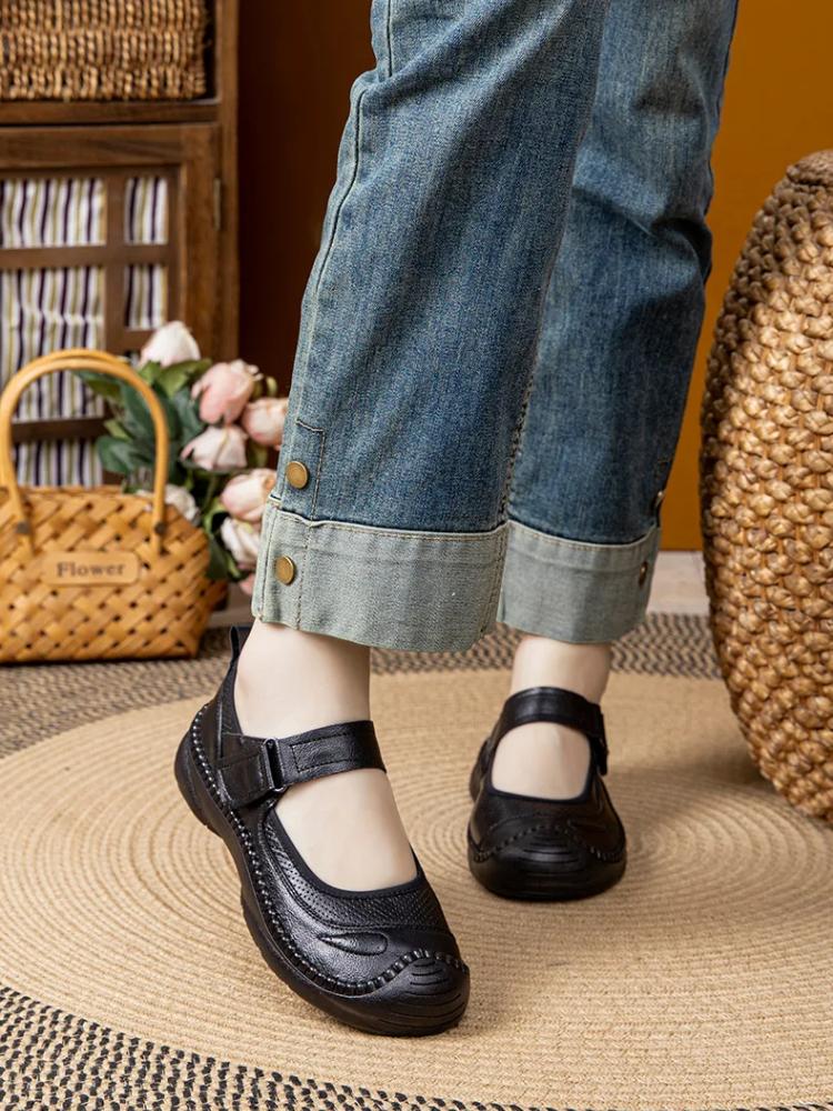 Johnature Boty z pravé kůže s měkkou podrážkou, ploché, retro, s kulatou špičkou, mělké, všestranné, pohodlné dámské boty