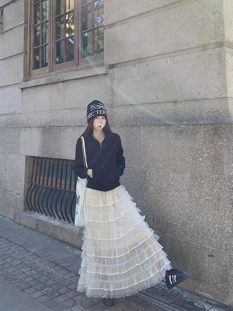 Women's High-Waist A-Line Mesh Cake Skirt - Spring/Summer 2025 French Gentle Style