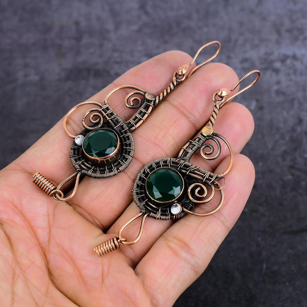 Natural Green Onyx Gemstone Handmade Copper Wire Wrap Jewelry Earring 3.74" Q9B96