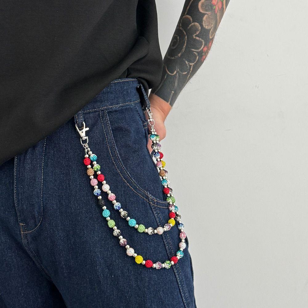 Gotische Bunte Strassstein Perlen Taillenkette Jeans Kette Hosenkette Goth Punk Gürtelkette Damen