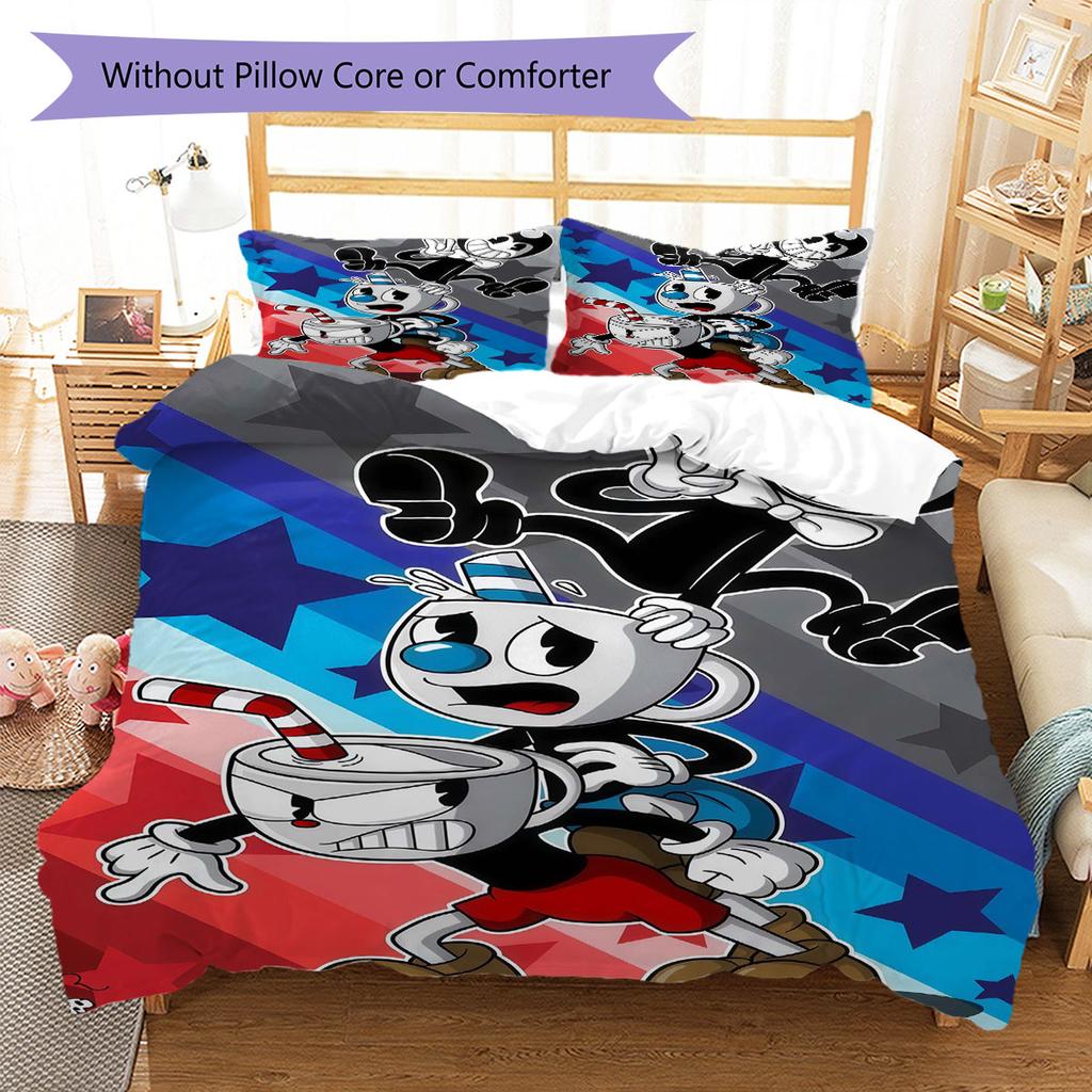 Cuphead Bettwäsche Steppbett Set Bettbezug Kissenbezug Heimdekoration Geburtstagsgeschenk (1 Bettbezug + 2 Kissenbezüge, ohne Füllung)