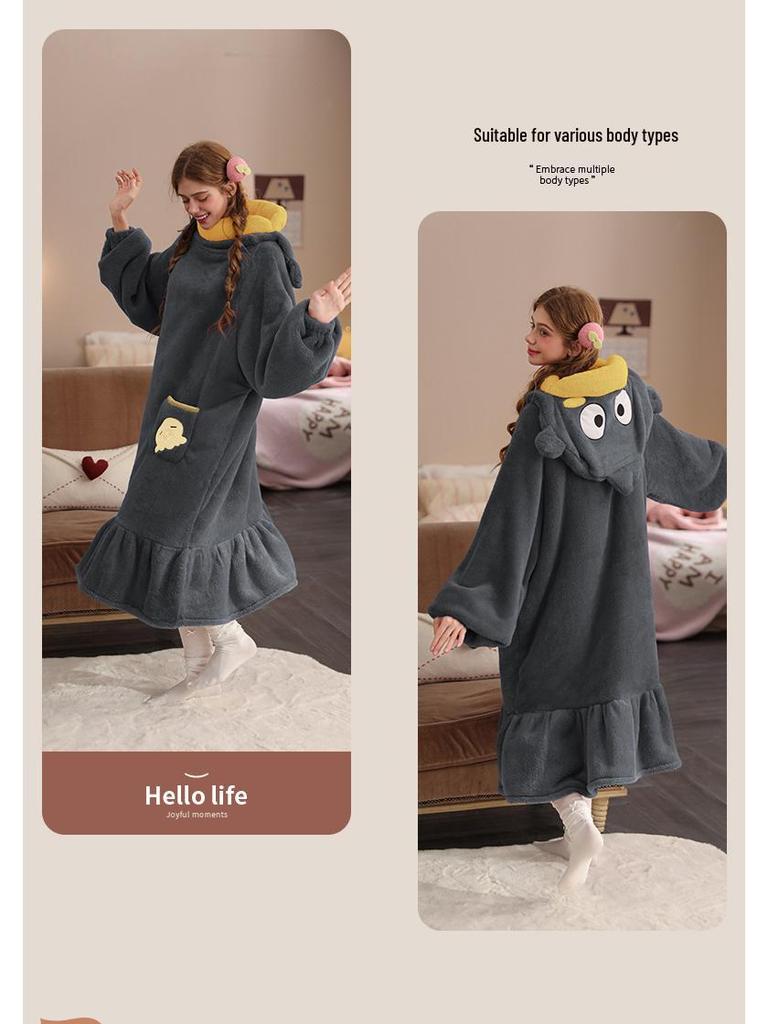 Rouxian Women's Cozy Coral Fleece Hooded Pajamas & Bathrobe for Autumn/Winter