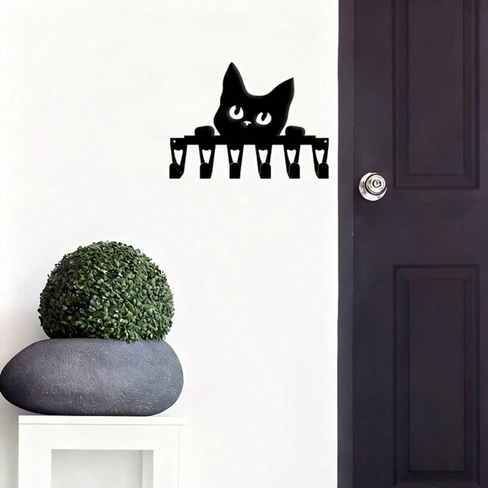 Black Cat Shaped Wall Key Holder with 6 Hooks Minimalist Iron Key Rack Pet Lover Gift Christmas Halloween Home Decor