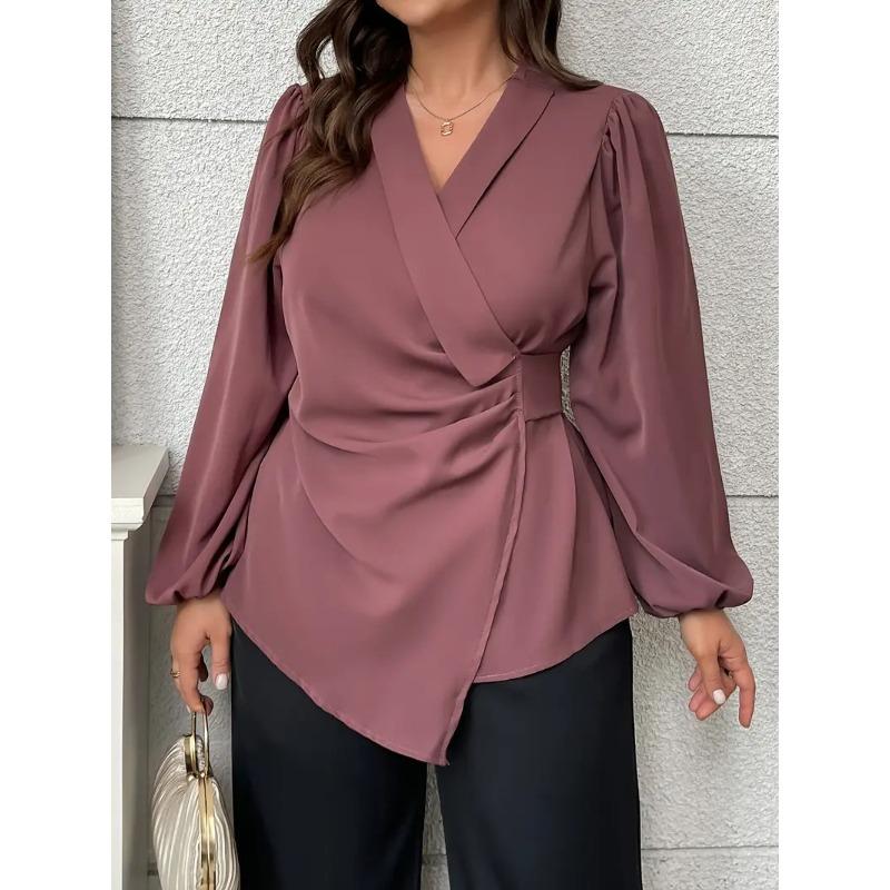 

Плюс Размер Женский V-образный вырез Талия утягивающий кружевной плиссированный топ с длинными рукавами 4XL фиолетовый