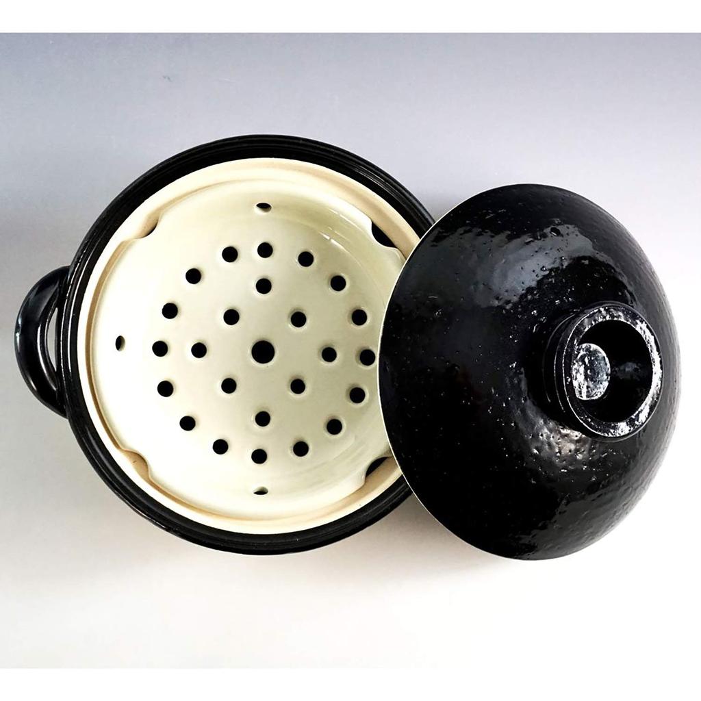 Nagatani Seito Healthy Steamer Pot, Medium, Earthenware Pot, Serves 2-4, Approx. 27cm, Approx. 1800ml, For Direct Heat, Black, AZW-22