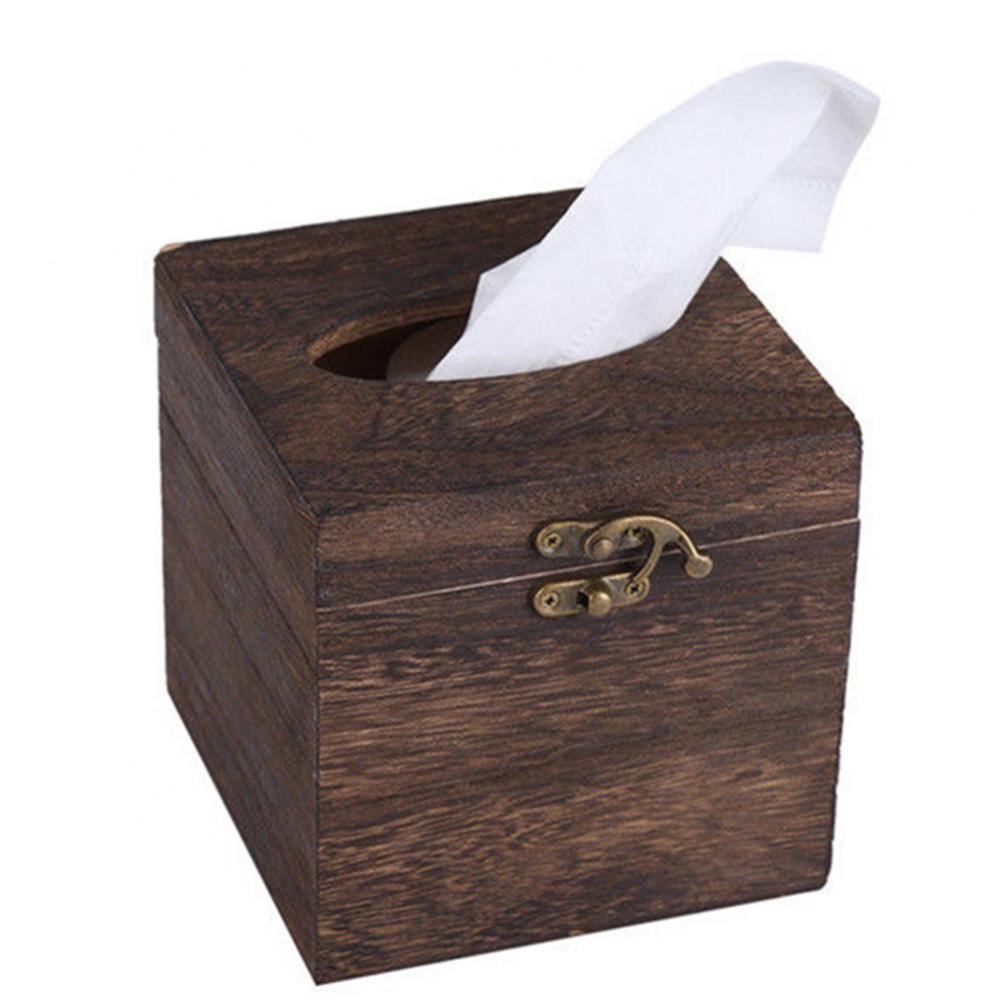 Solid Wood Tissue Case Vintage Metal Lock Desktop Tissue Box Household Home Living Room Decoration Storage Box Napkin Holder