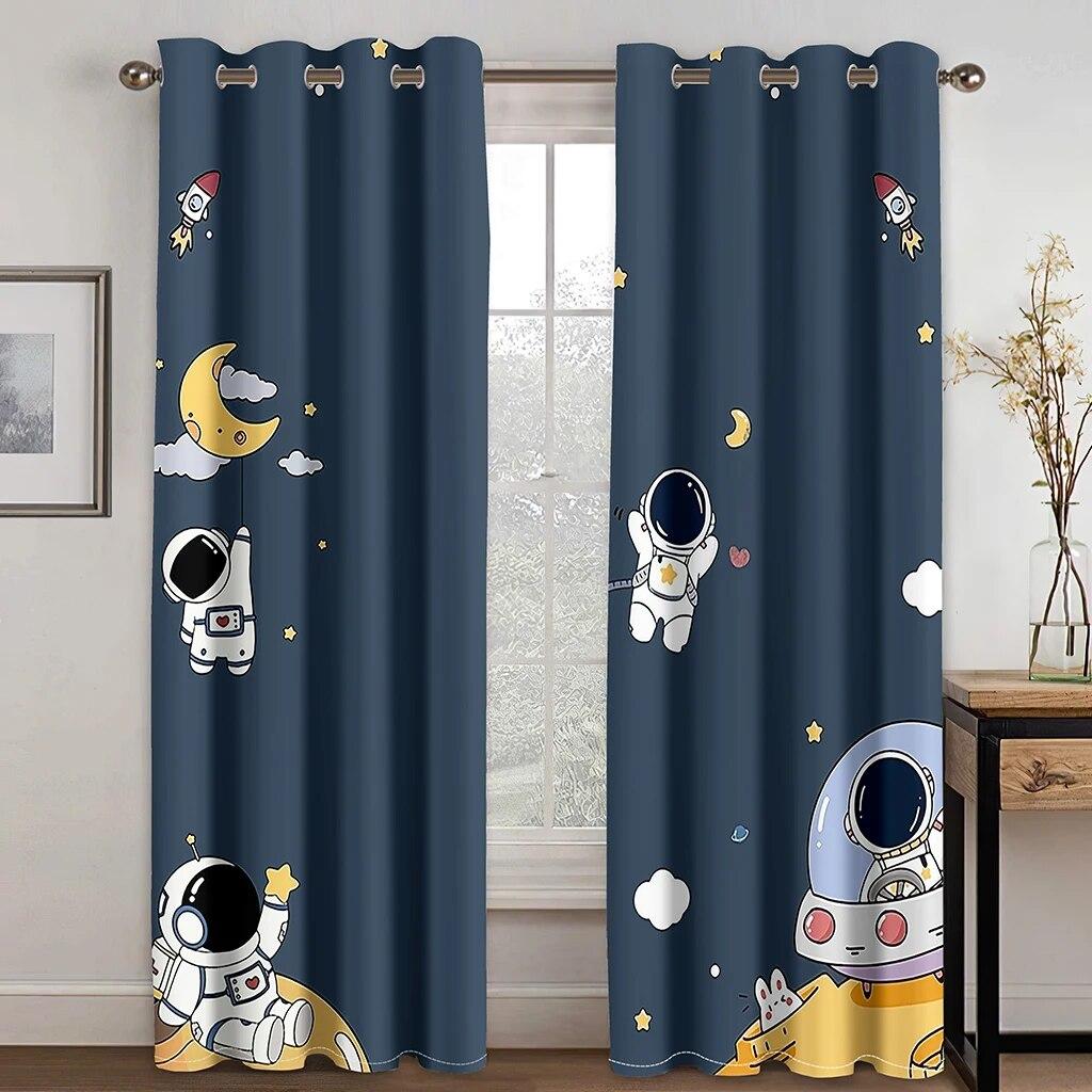 Kids Space Curtains Galaxy Rocket Astronaut Starry Art Printed for Boys Bedroom Playroom Nursery Decor
