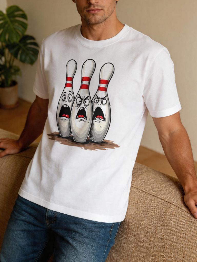 Unisexs Cartoon Scared Bowling Pins T Shirt Funny Sports Graphic Print Short Sleeve Crew Neck Casual Cotton Male Fashion Daily Tee