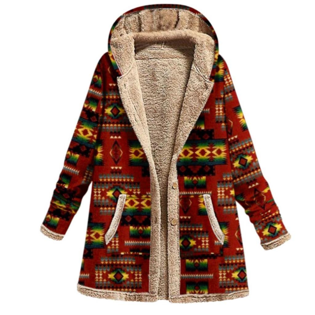 Winter New Women's Cotton Linen Printed Hoodie Warm Fleece Coat Fashion Outerwear