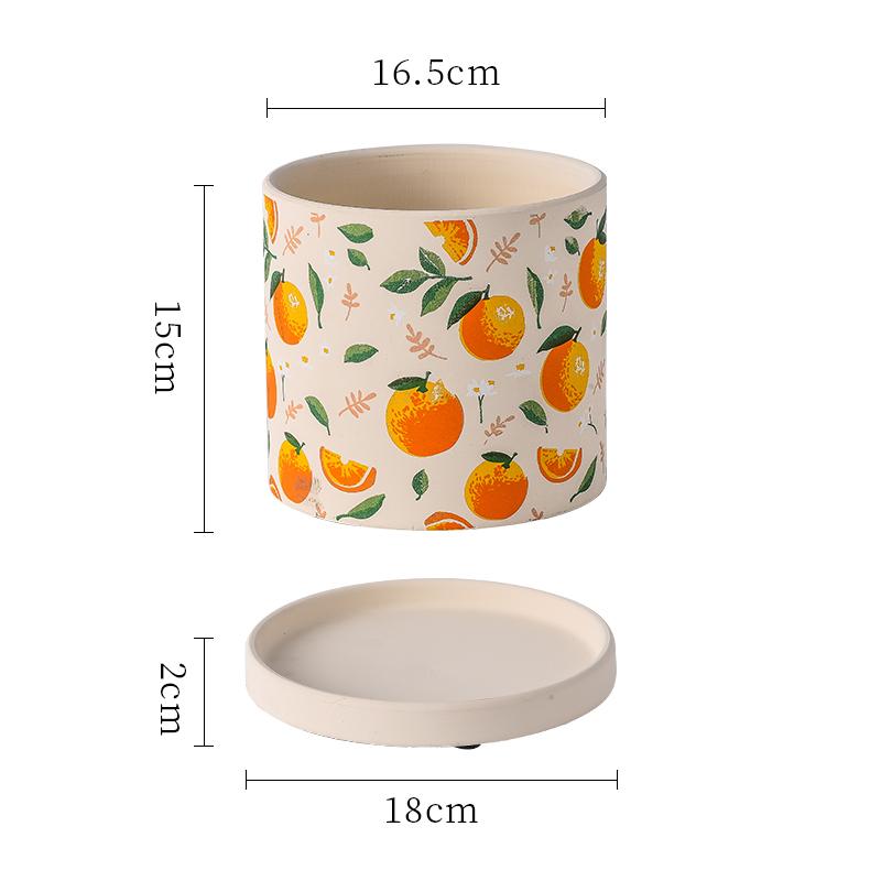 Creative Cartoon Fruit Ceramic Flower Pot Plant Flower Pot with Tray Cylindrical Countertop Flower Pot Living Room Garden Decor