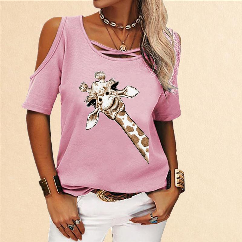 Women Giraffe Print Shirt Round Collar 