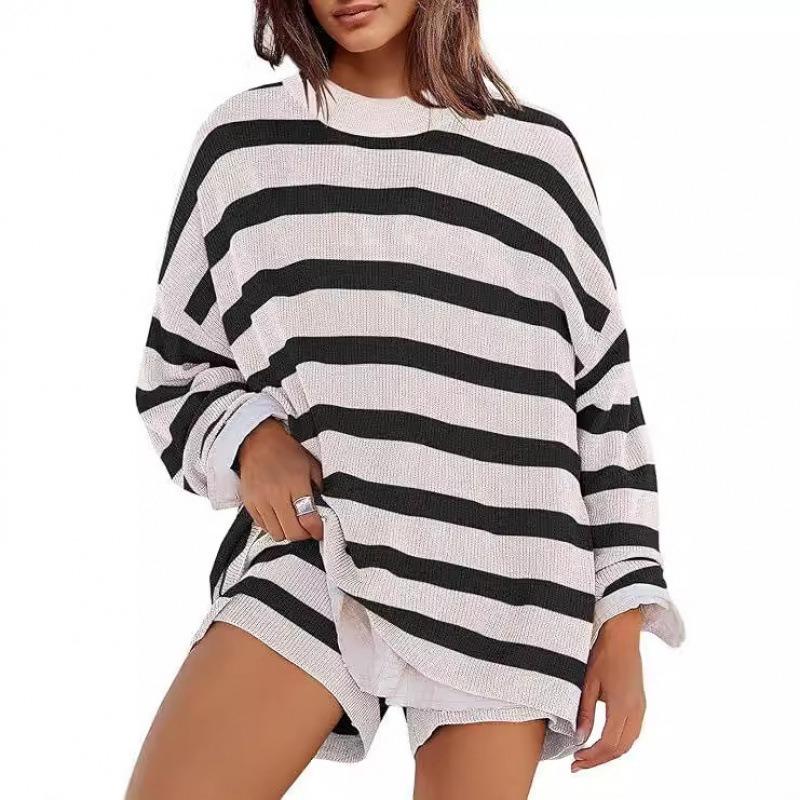 VEZFAA Women's Fashion Casual Stripe Print Spring Autumn Long Sleeve O-Neck Trousers Pants Suits