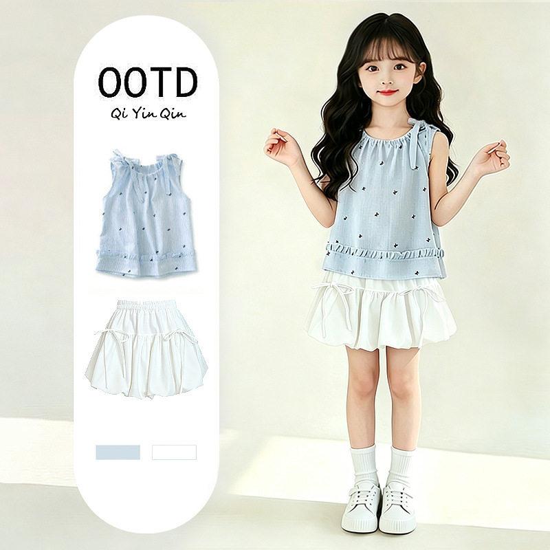 Girls Summer Bow Blouse and Bloomer Skirt Two Piece Set