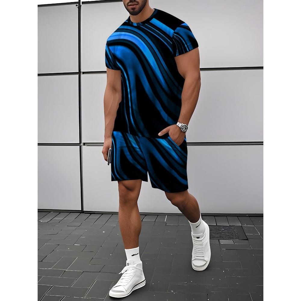 Men s Fashion Shorts Set, Sporty Casual Printed Loose Fit Blue Striped Short Sleeve Shorts S