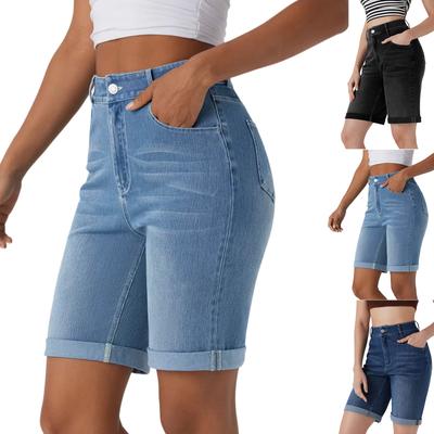 Women’s High Waist Straight Leg Denim Shorts Five Pocket Loose Fit Mid Thigh Jean Shorts with Cuffed Hem for Daily Wear