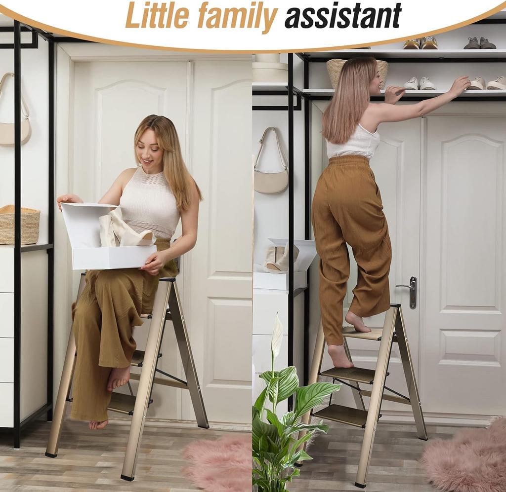 3 Step Ladder, Folding Ladder Stool, Wider Upgraded Non-Slip Treads, Portable Lightweight Ladder for Home and Kitchen, Holds up to 330 Lbs.