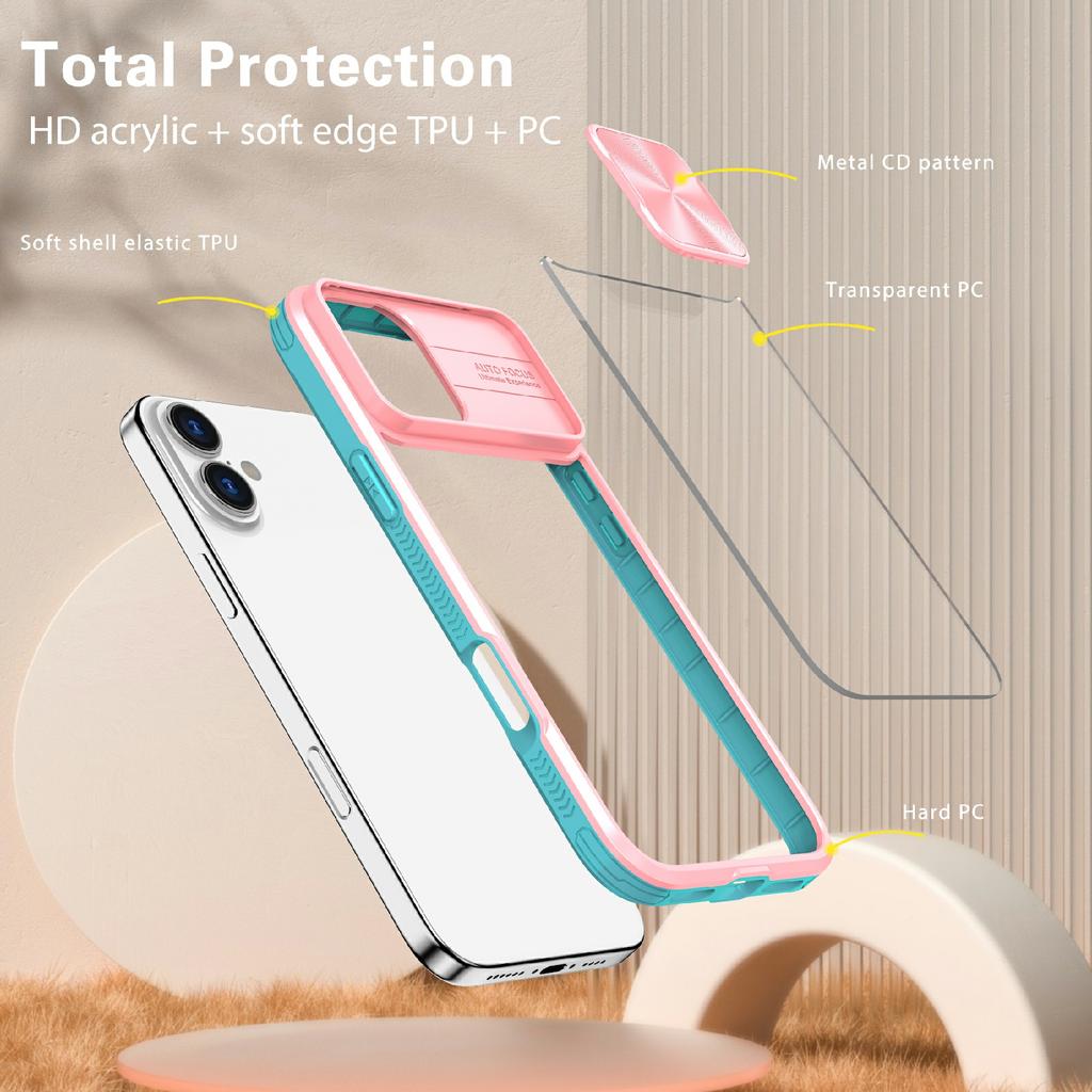 For iPhone 17 Case TPU + PC Clear Phone Cover with CD-Veins Camera Lens Sliding Lid