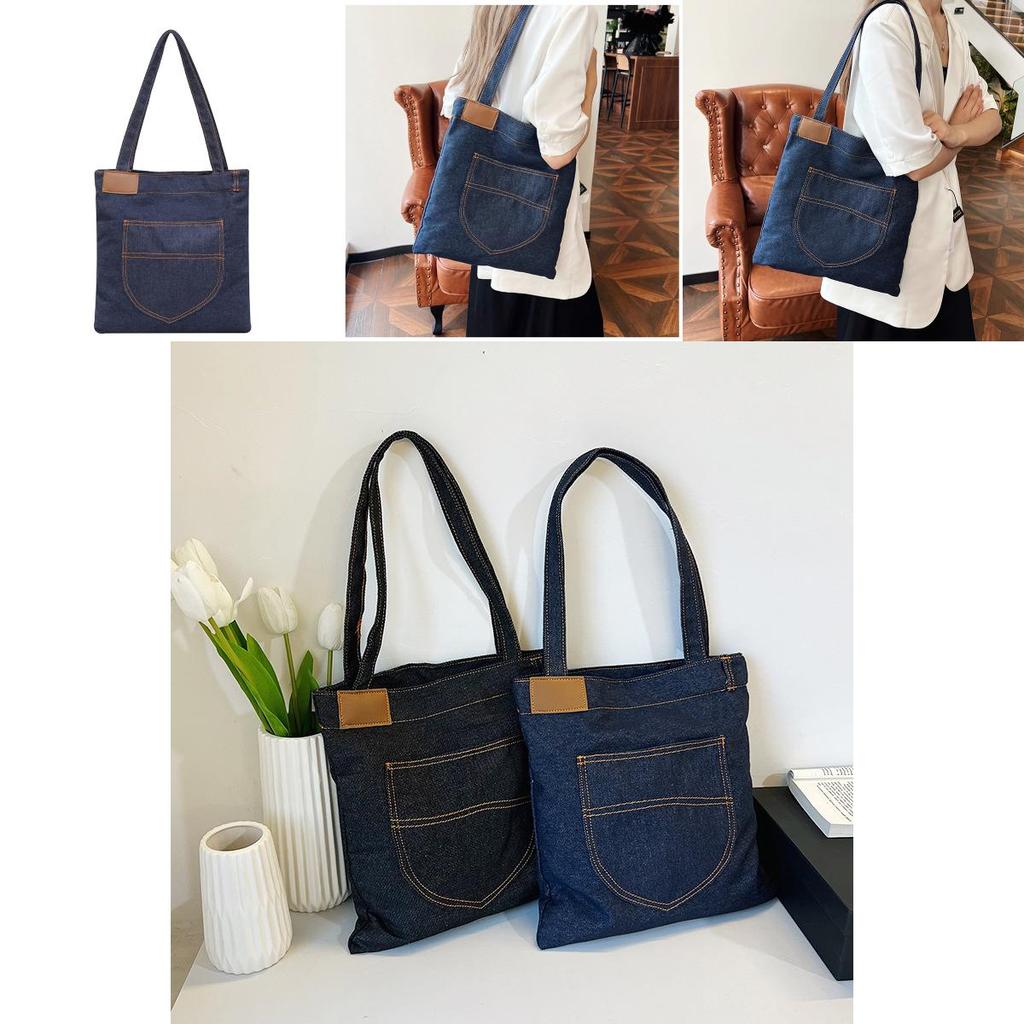 Denim Shoulder Bag Large Capacity Shopping Tote With Zipper For Daily Use