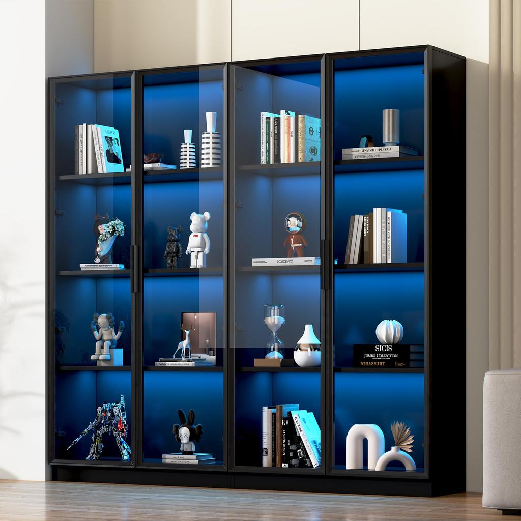 Glasvitrine LED-Lichtern 2er-Set, doppeltürige Schwarz viel Stauraum, Modern Einlegeböden, Bücherschrank Standvitrine Wohnzimmer Büro