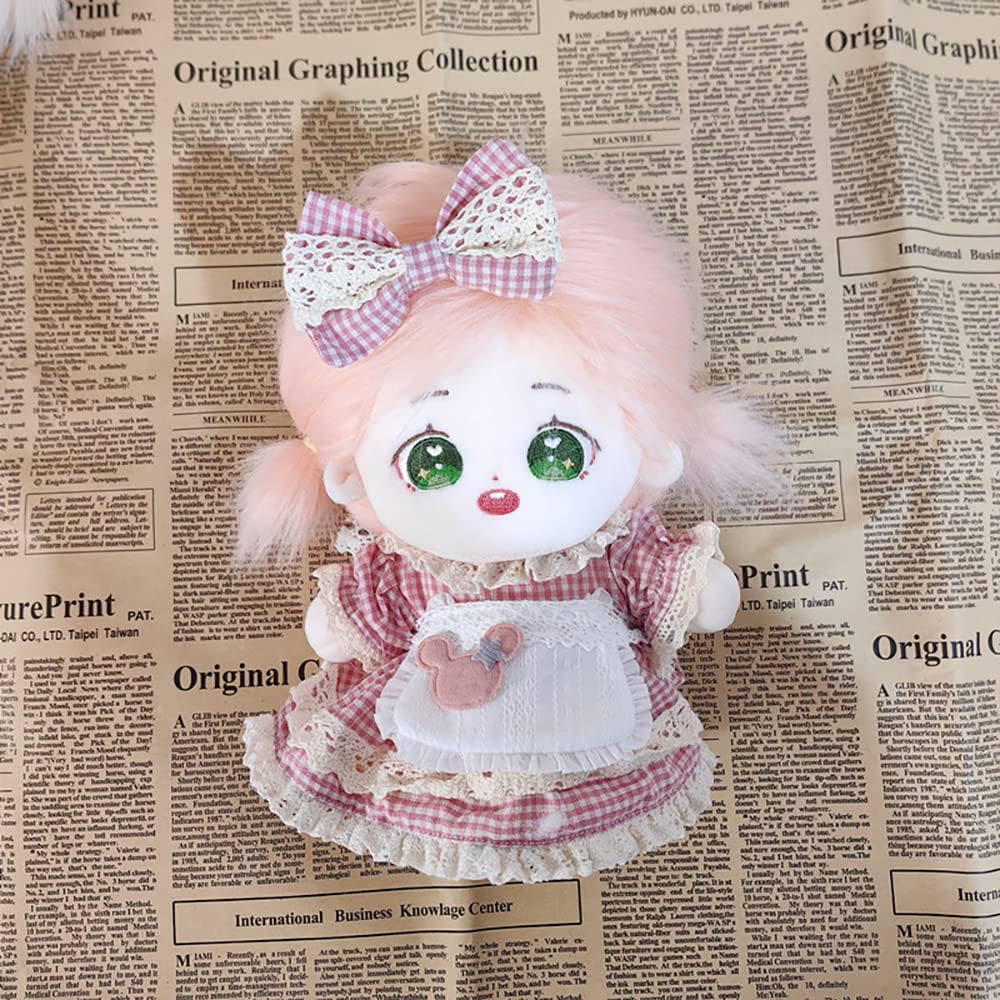 Niannyyhouse 20cm Plush Clothes Checkered Maid Outfit Headwear Apron Dress Dress-Up Cotton Doll Accessories (Pink)