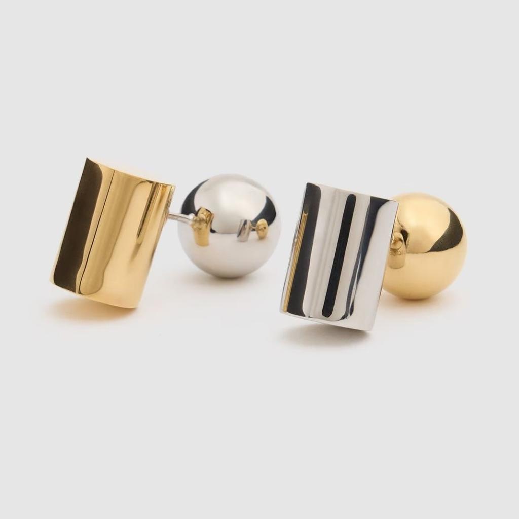 Orecchini Geometrici di Nicchia Premium in Metallo Oro e Argento, Orecchini a Bottone con Perno d'Argento, Orecchini Trendy Semplici con Pendente Anteriore e Posteriore