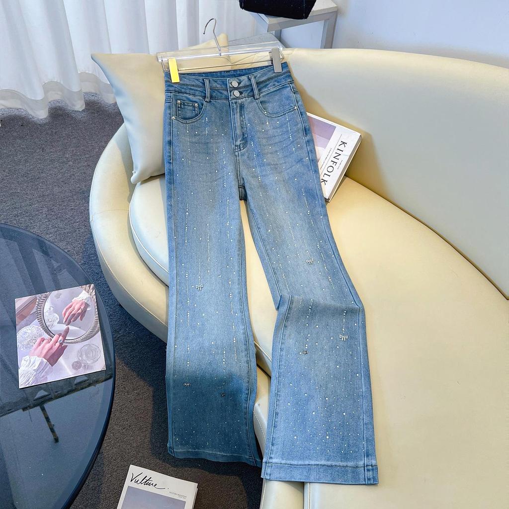 Women's High-Waisted Rhinestone Slim Fit Micro-Flare Denim Pants - 2026 Spring/Winter Trend