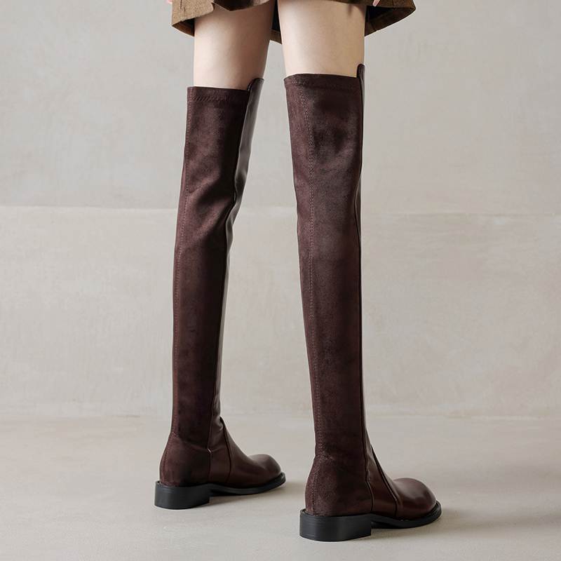 Krazing Pot Flock Microfiber Autumn Winter Shoes Thick Heels Size 43 Long Boots Black Brown Stretch Over-the-knee Boots