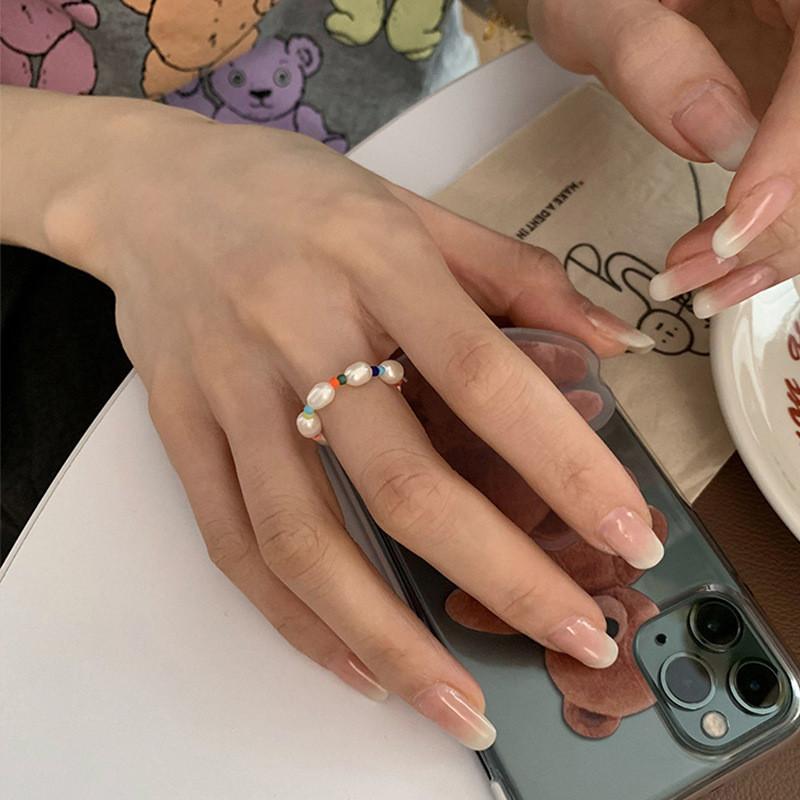 Stylish Korean Ddp Geometric Pearl Ring With Adjustable Elastic Band For Women