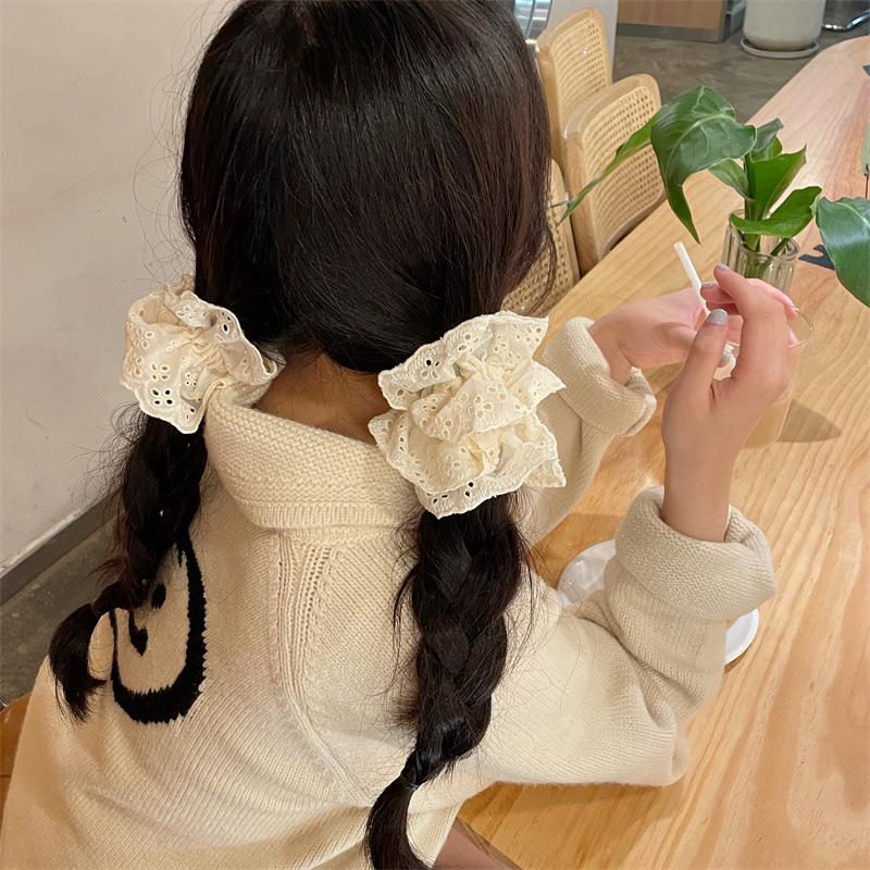 Korean Women Girl Lace Bow Elastic Hair Scrunchies Sweet Flower Print Hair Rim Bands Cute Ponytail Hair Accessories